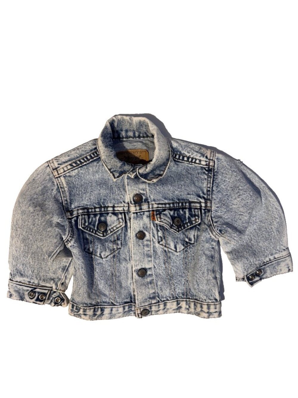 Vintage Levis Kids Denim Trucker Jacket Sz 4 Acid Wash 90s Orange Tab USA
